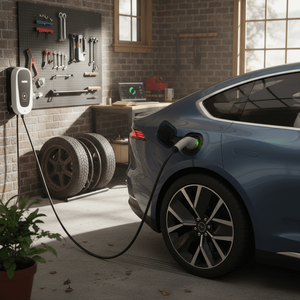 All electric sedan plugged into a home wall charger in a modern garage