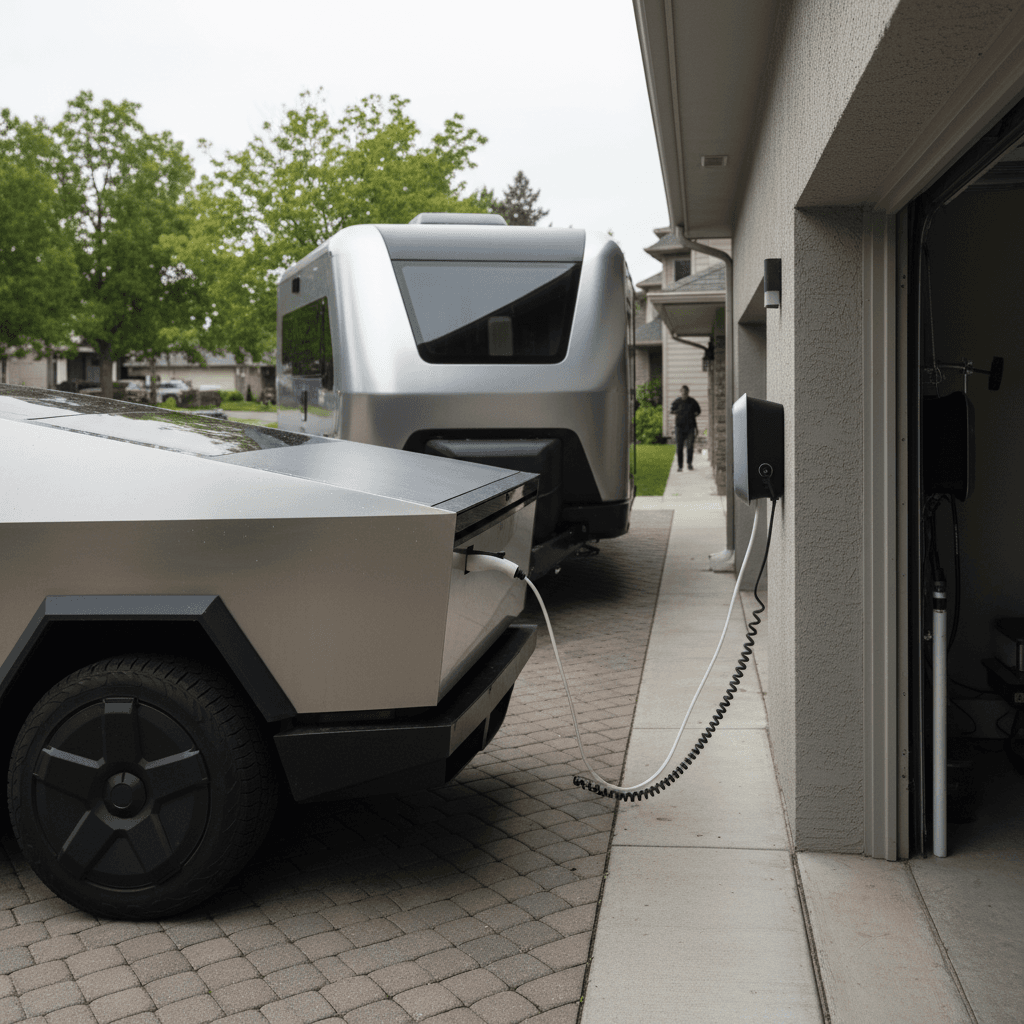 Tesla Cybertruck plugged into a home wall connector while hitched to a trailer in a driveway