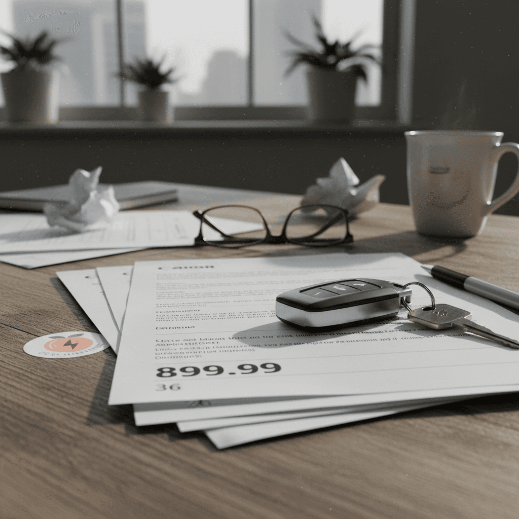 EV lease paperwork on a desk next to car keys and a calculator, showing monthly payment details