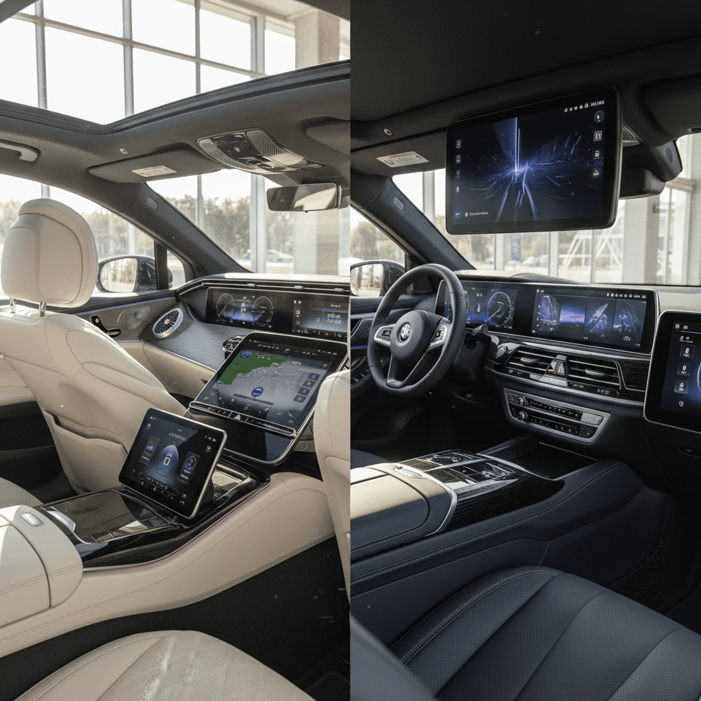 Side-by-side interior view comparing the Mercedes EQS and BMW i7 with large digital displays and spacious rear seating