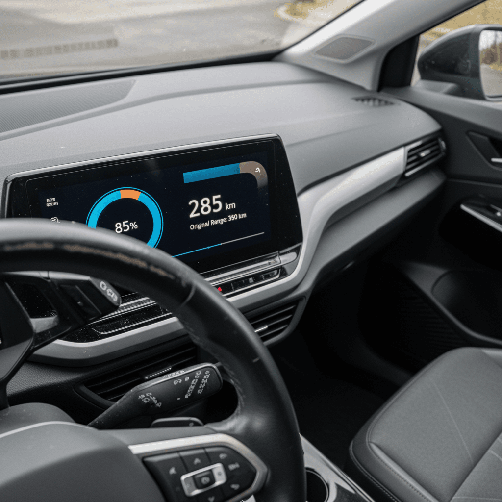 Volkswagen ID.4 digital dashboard showing state of charge, estimated range, and efficiency information