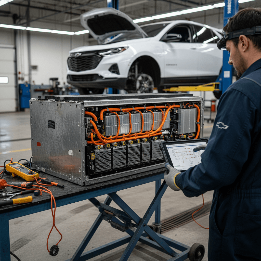 Technician inspecting a removed Ultium battery pack from a Chevrolet Equinox EV in a dealership service bay