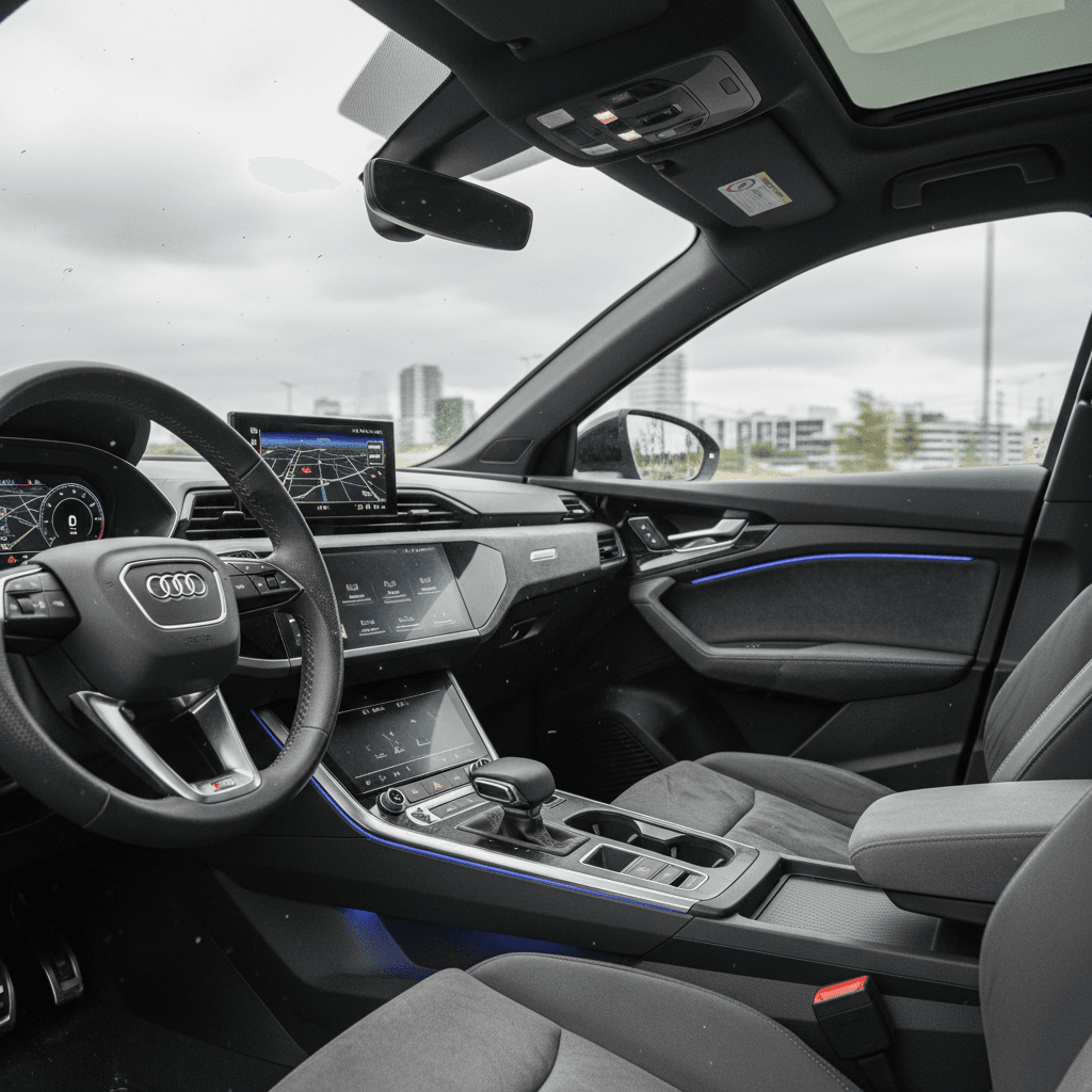 Modern Audi Q4 e-tron interior with digital cockpit, steering wheel and ambient lighting