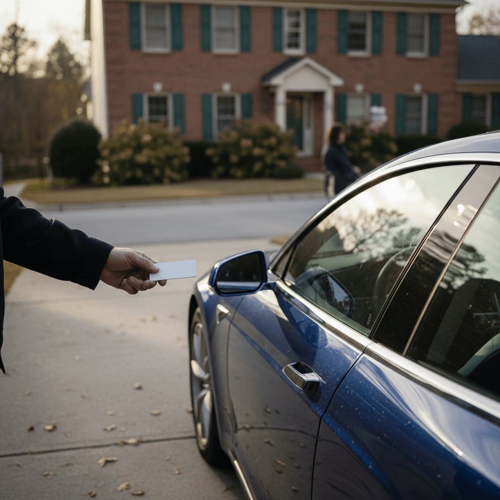 Seller and buyer inspecting a used Tesla Model S parked in a Georgia driveway before completing a sale
