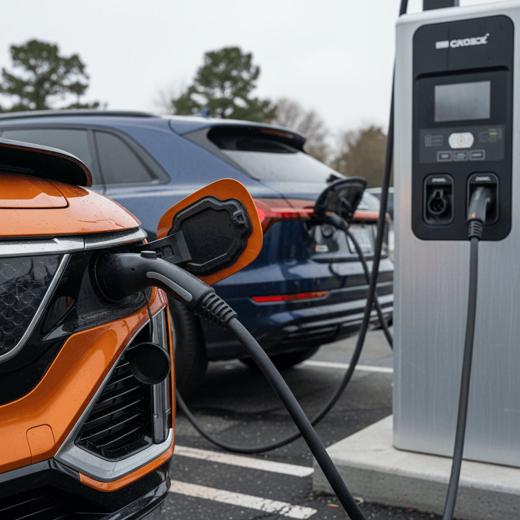 Electric luxury SUV plugged into a DC fast charger showing charging status on screen