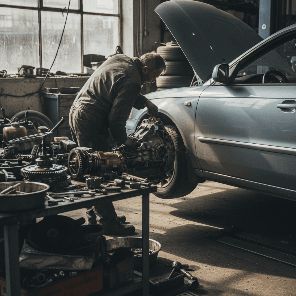 Mechanic inspecting a vehicle transmission from underneath on a lift