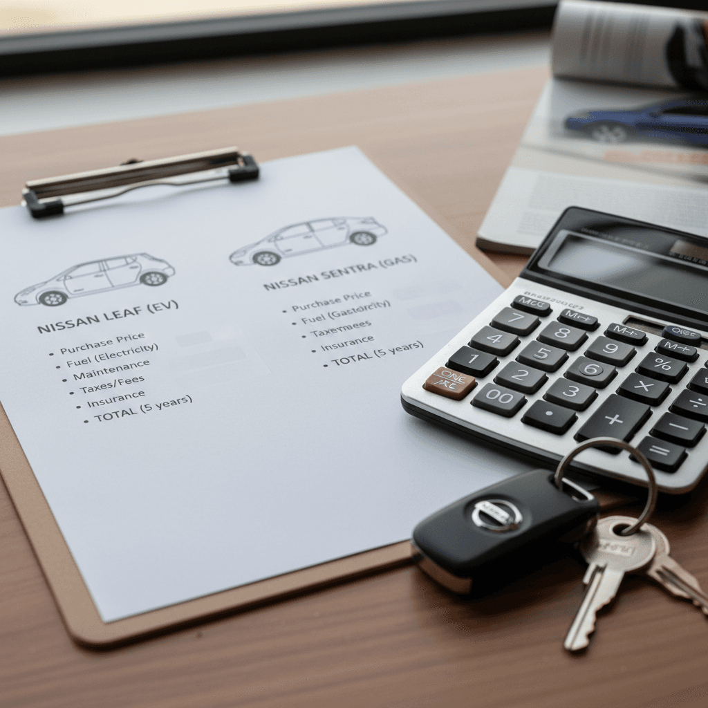 Clipboard with side‑by‑side Nissan Leaf and Nissan Sentra cost comparison chart next to calculator and car keys