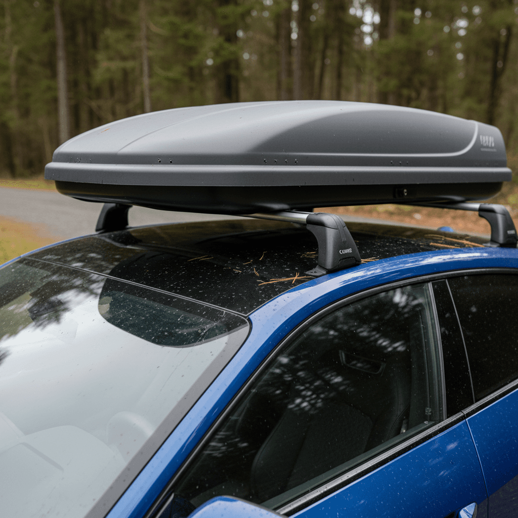 Audi e-tron GT with slim roof box and crossbars mounted on the metal roof