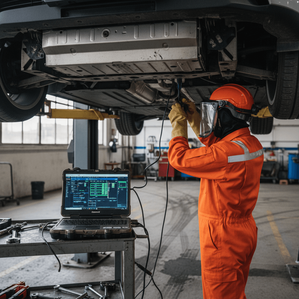 Technician in high-voltage safety gear working under a lifted Porsche Taycan on a shop lift with the floor-mounted battery pack exposed