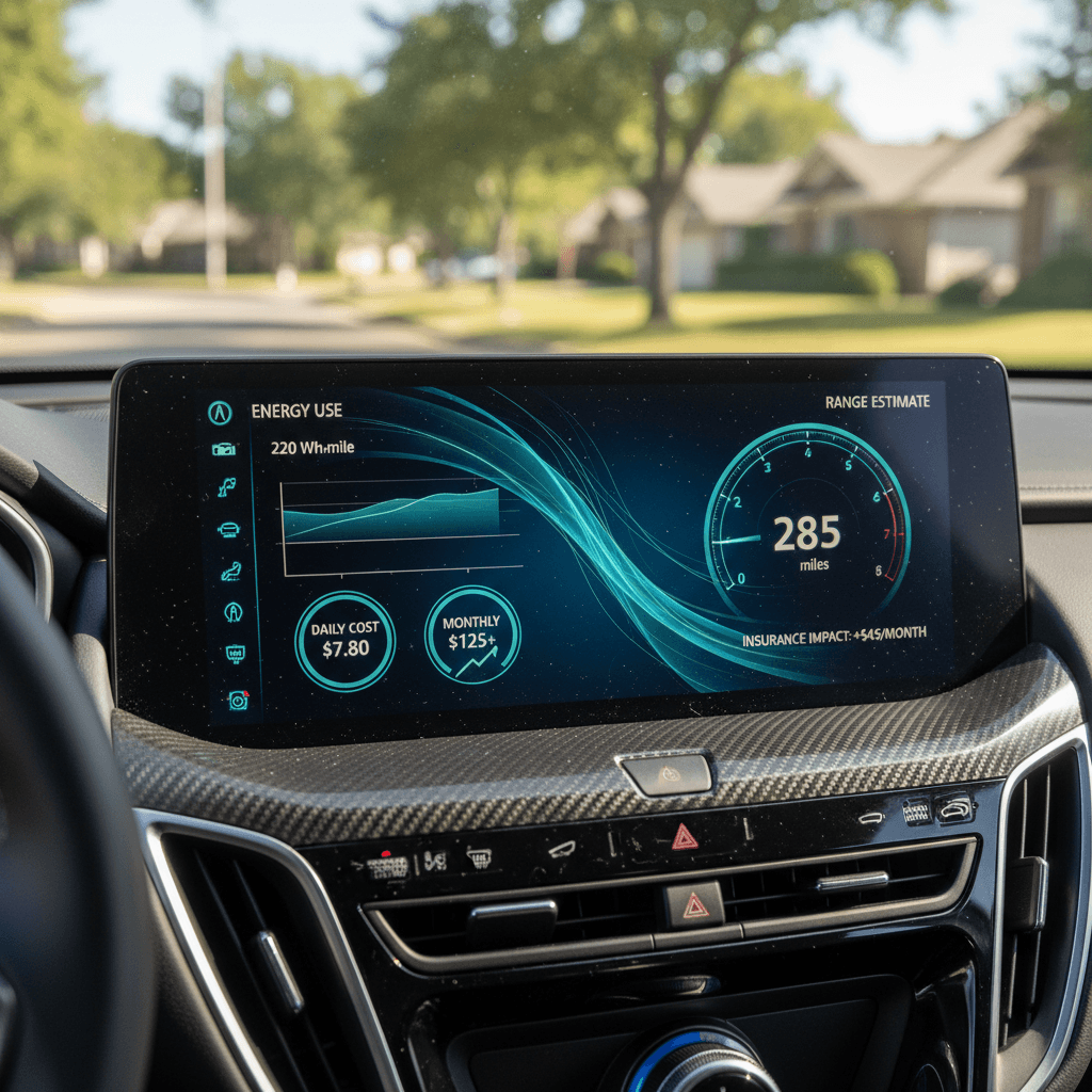 Digital instrument cluster in a modern Acura-style electric SUV showing battery range and energy cost estimate