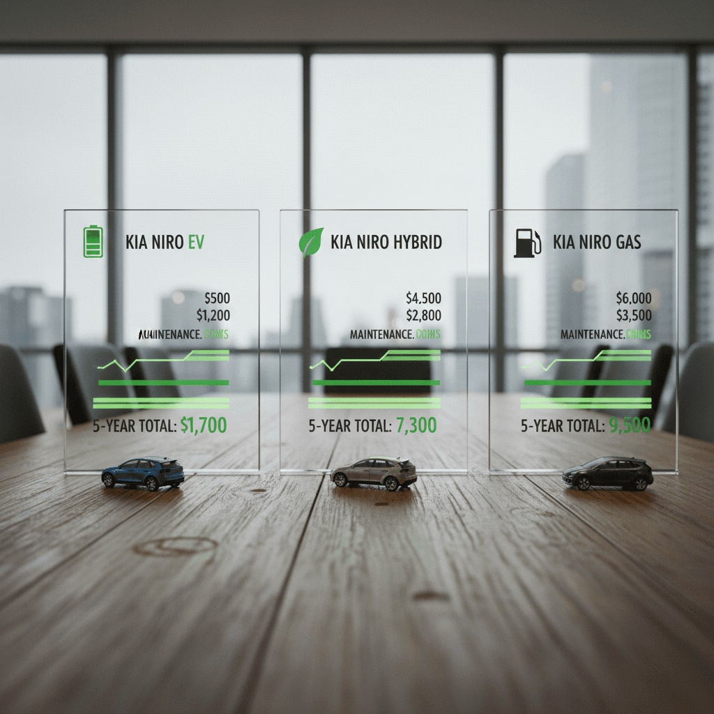 Visual comparison of Kia Niro EV, Niro hybrid, and Niro plug‑in hybrid with icons for fuel, electricity and maintenance costs over five years