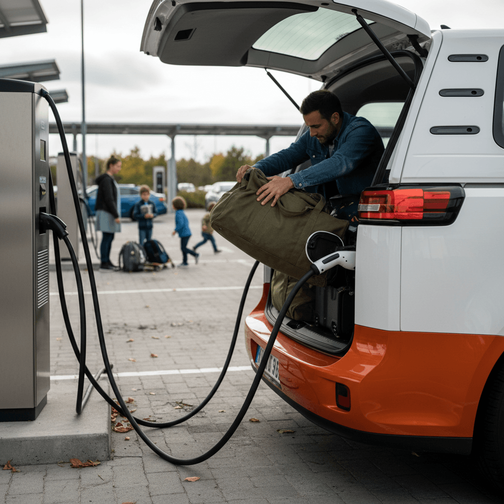 Family loading luggage into a Volkswagen ID. Buzz while it charges at a DC fast charger