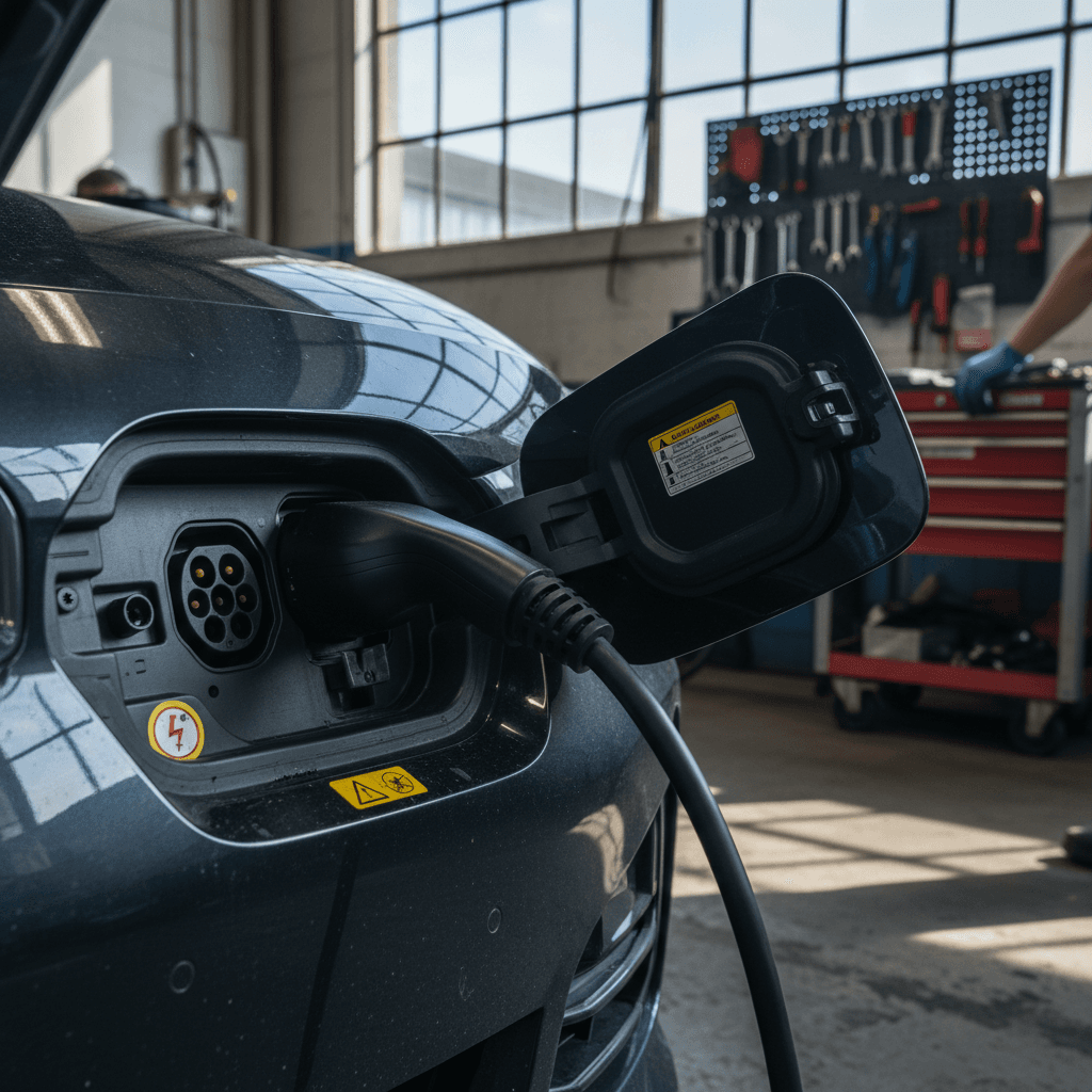 2022 BMW i4 at a service bay with the charge port open and high-voltage warning labels visible