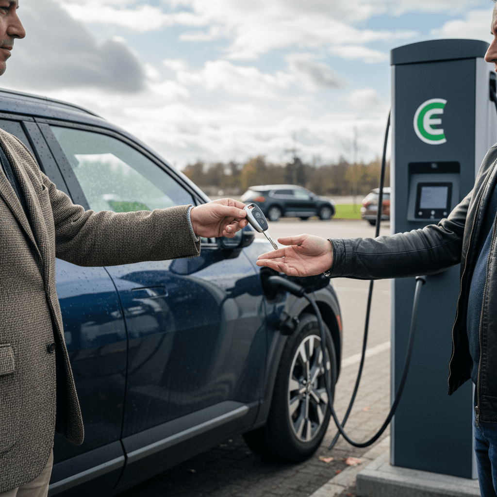 Kia EV9 owner handing keys to buyer beside a public charging station