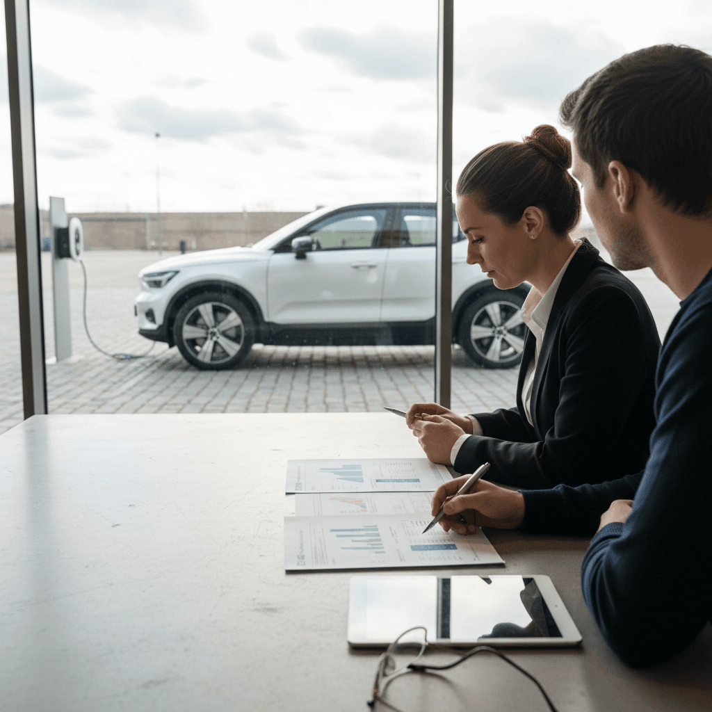 Insurance agent reviewing Volvo EX30 policy details with an EV owner at a desk