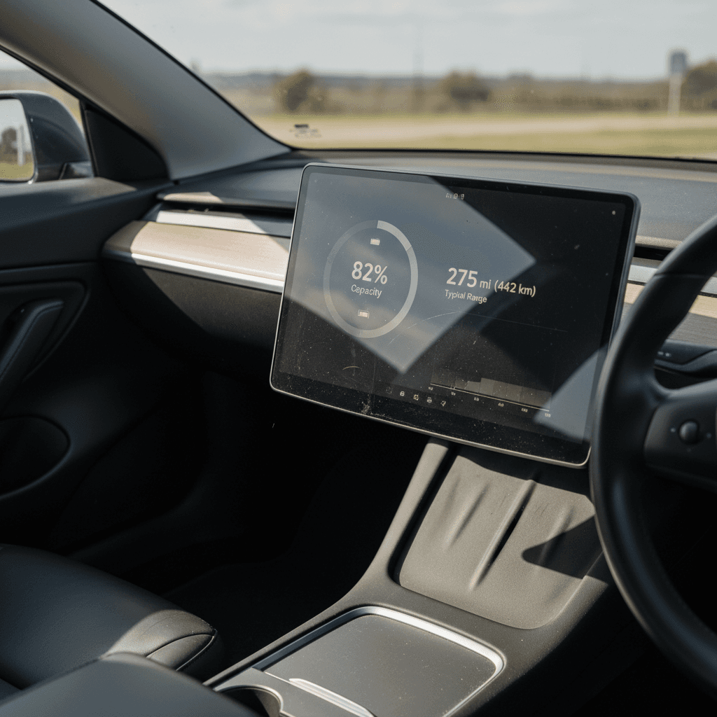 Digital dashboard of a used electric sedan showing battery state of charge and projected range