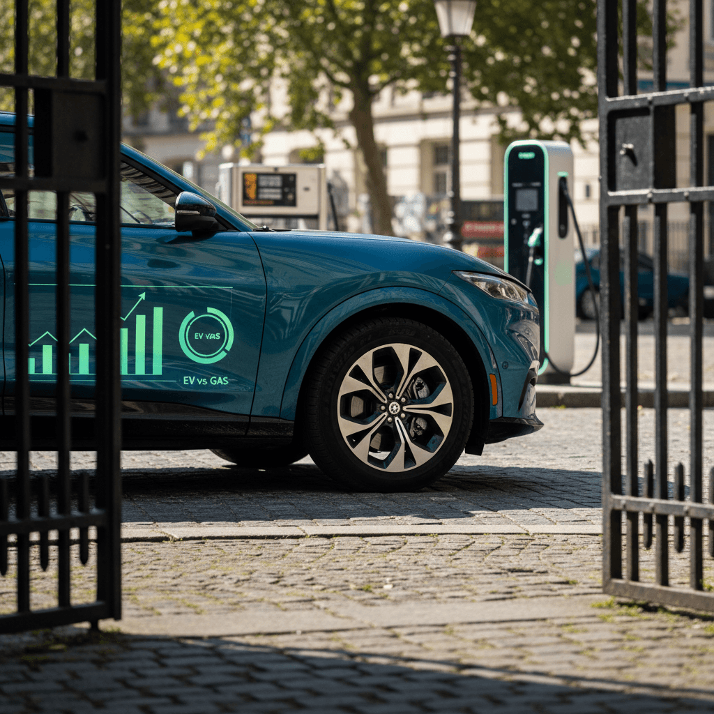 Ford Mustang Mach-E digital dashboard showing vehicle status and range