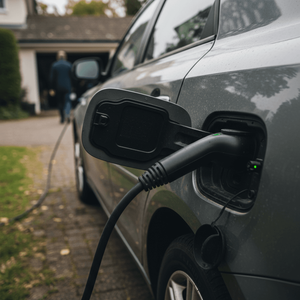 Used electric SUV charging in a driveway at sunset, illustrating home charging convenience