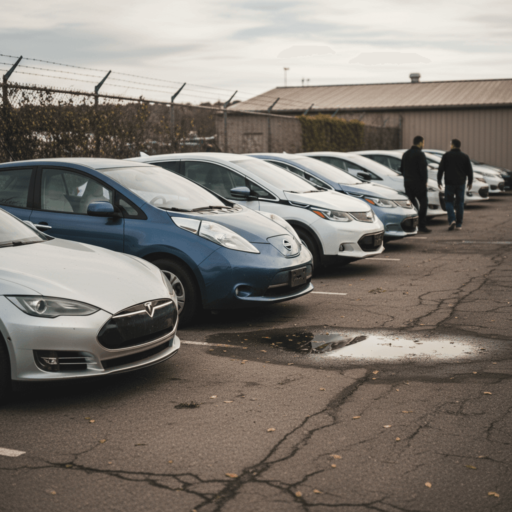 Row of used electric cars parked on a dealership lot under daylight
