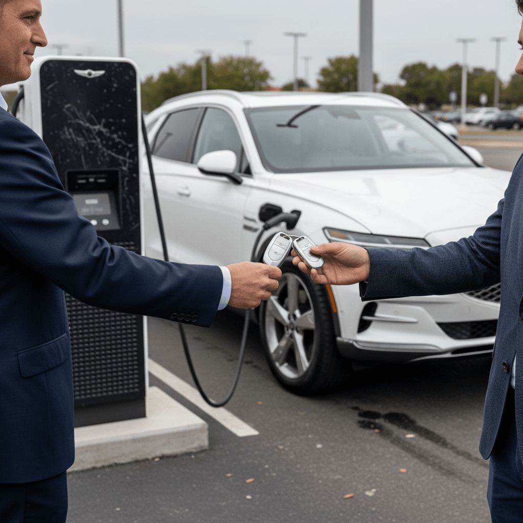 Owner and buyer standing beside a Genesis Electrified GV70 reviewing battery health and range on a report in front of a charger