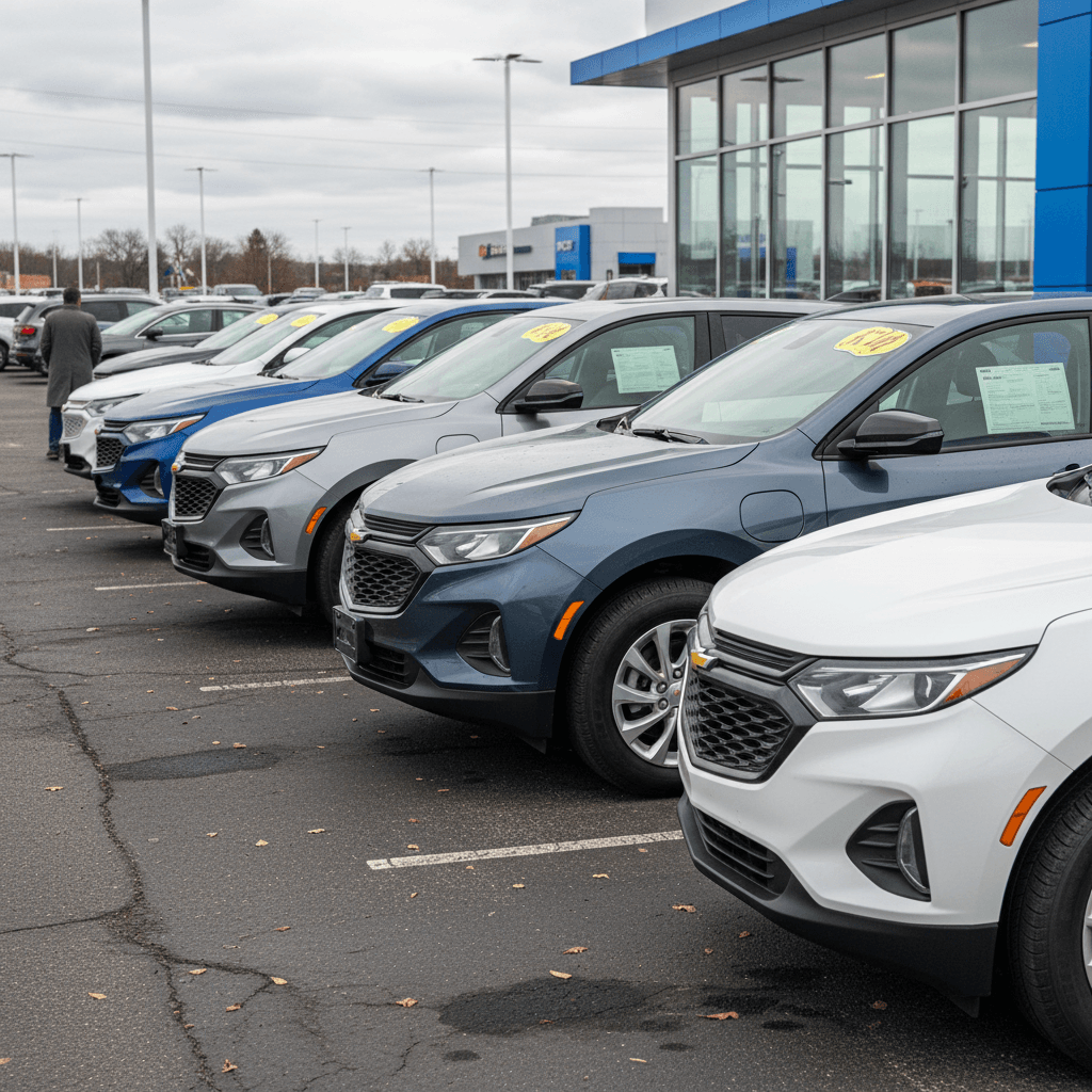 Row of used Chevrolet Equinox EVs at a dealership lot with price stickers on the windshields