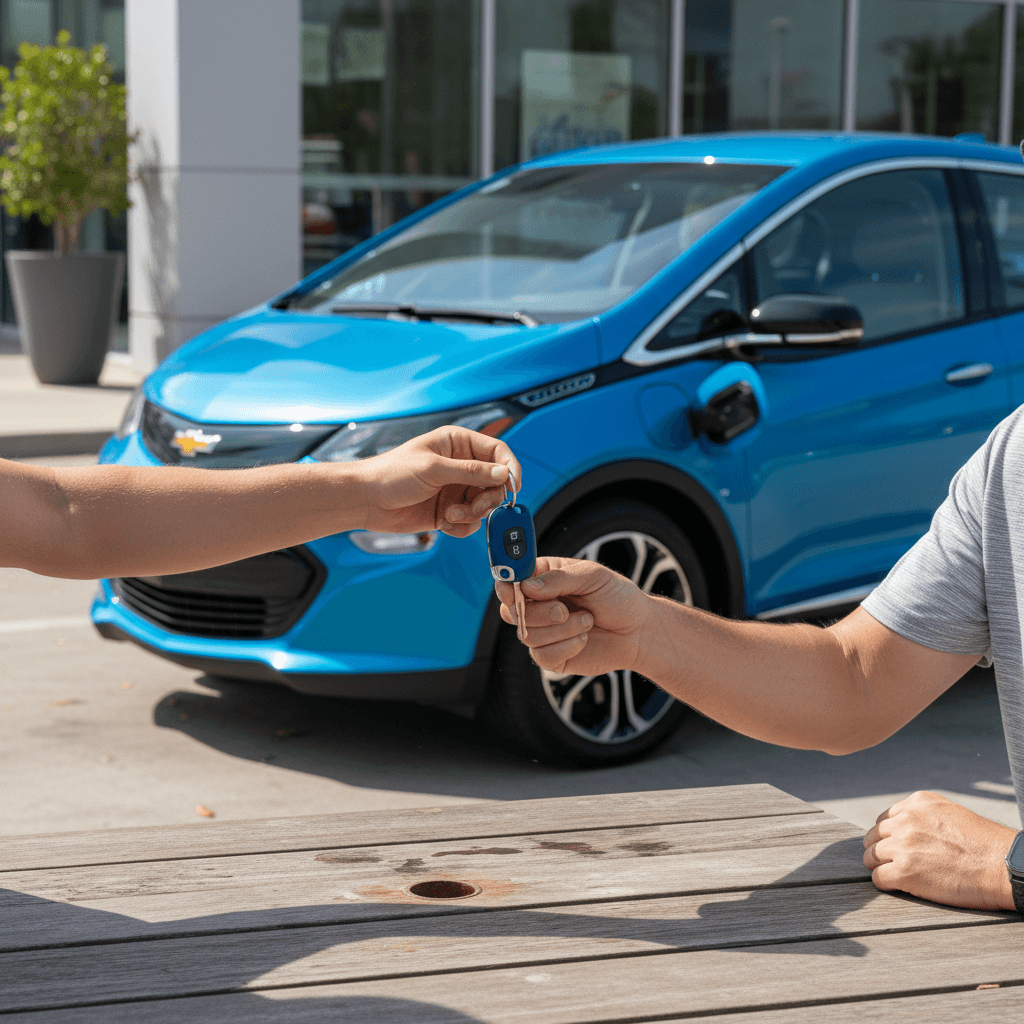 Salesperson reviewing battery health and recall paperwork with a 2021 Chevrolet Bolt EV owner during trade-in evaluation