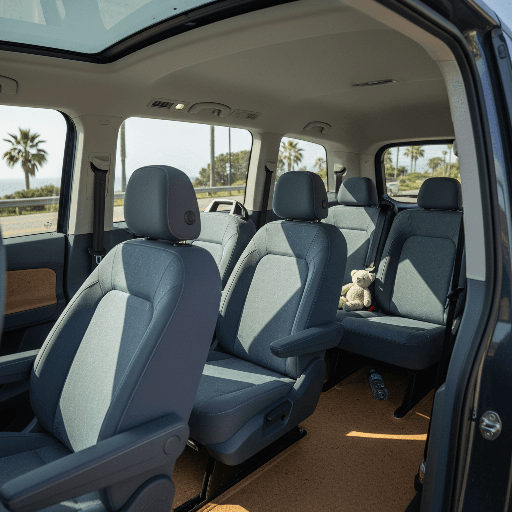 Three-row interior of a Volkswagen ID. Buzz showing generous space, big windows, and flexible seating