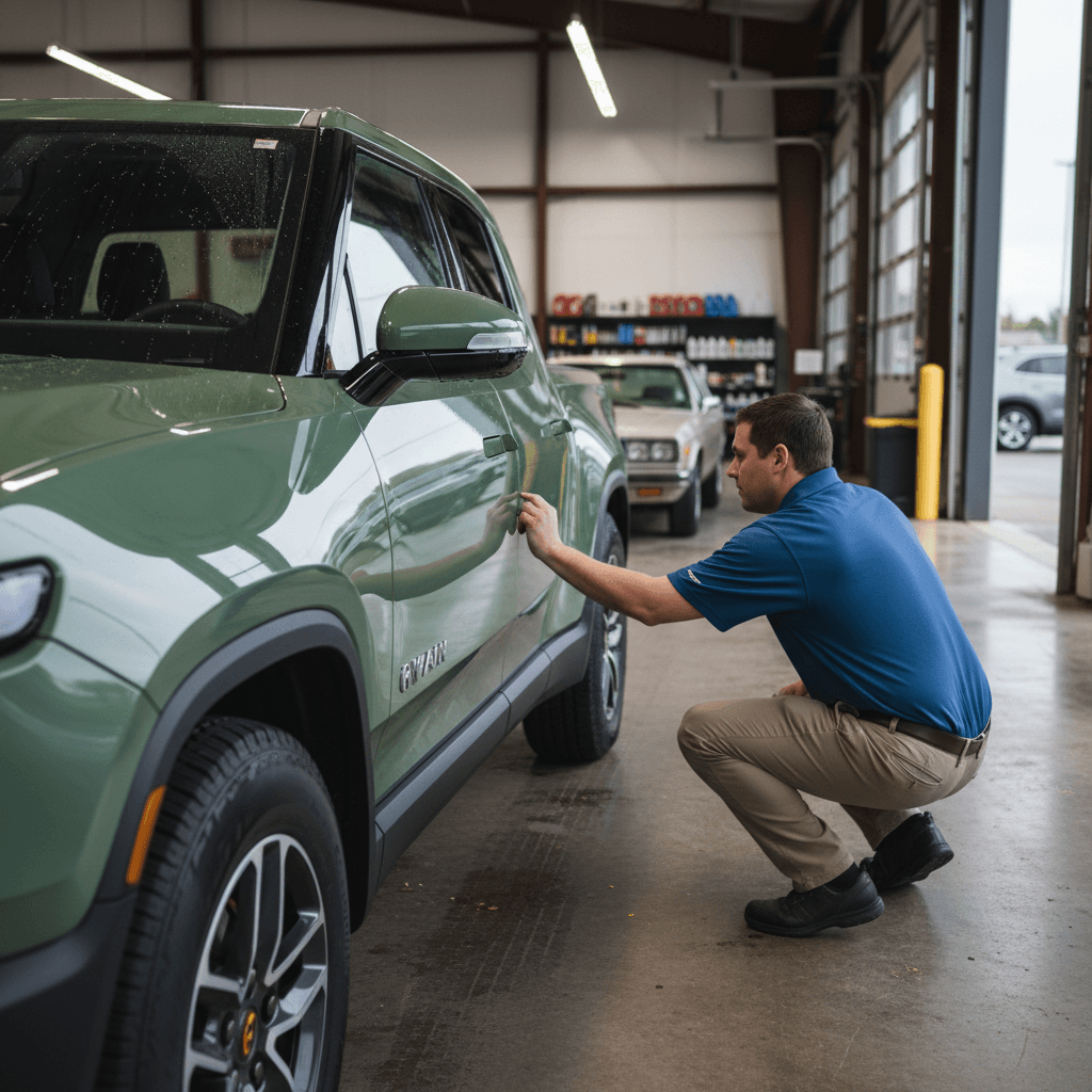 Salesperson appraising a 2024 Rivian R1T trade‑in on a dealer lot, checking the body and wheels