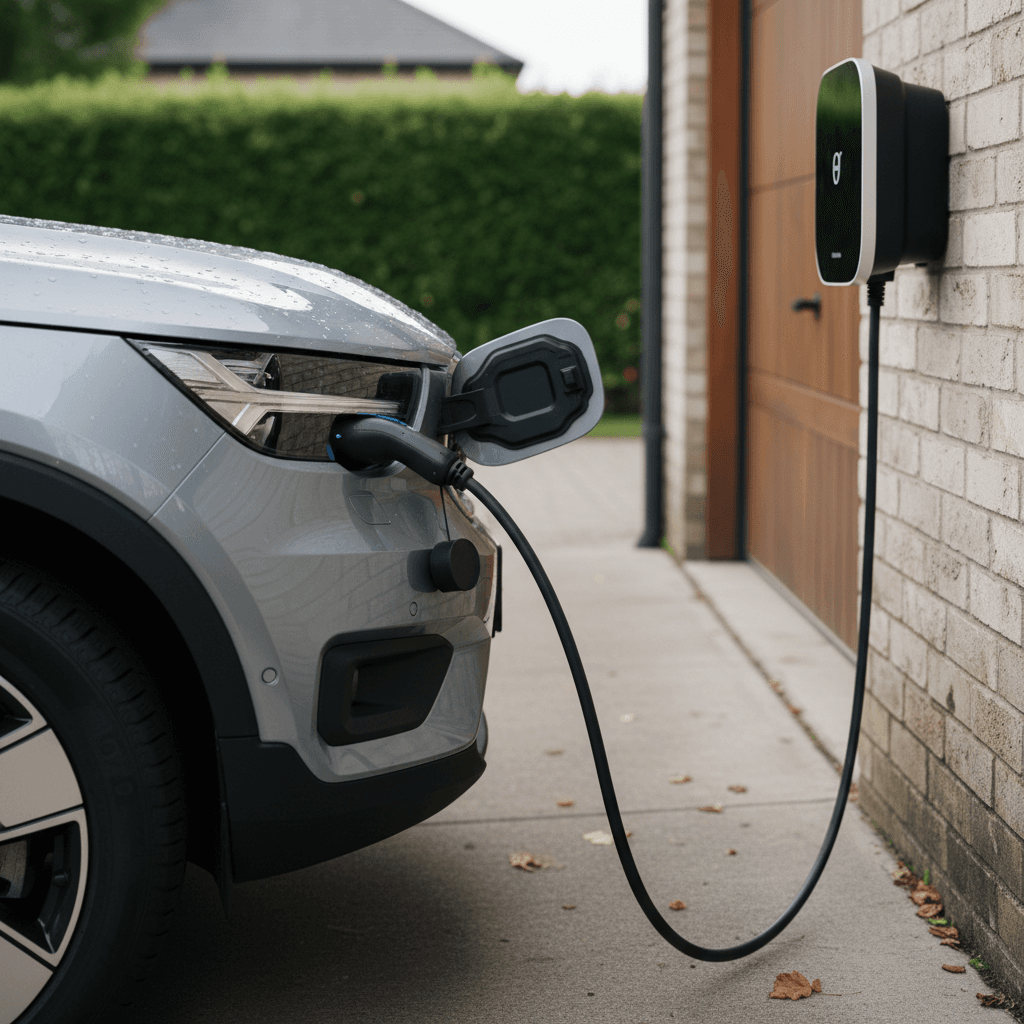 2023 Cadillac Lyriq plugged into a home Level 2 wall charger in a modern garage
