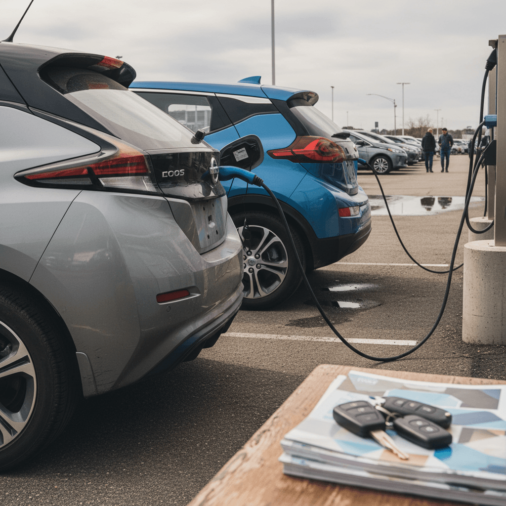Row of used electric cars parked at a dealership lot