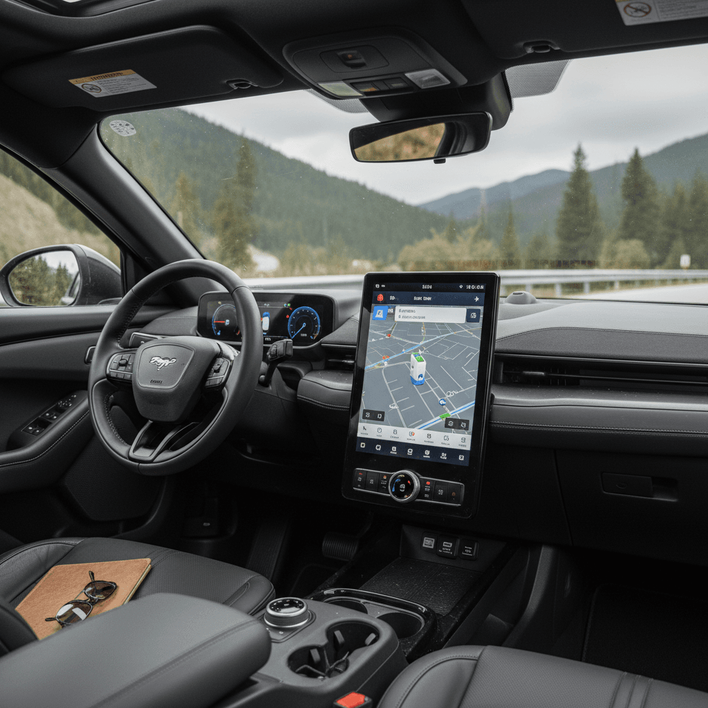 Cockpit of a 2025 Ford Mustang Mach-E showing the central touchscreen and digital driver display