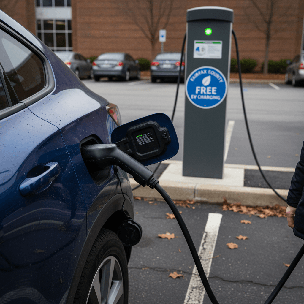 EV driver plugging into a Level 2 charging station in a Fairfax County parking lot