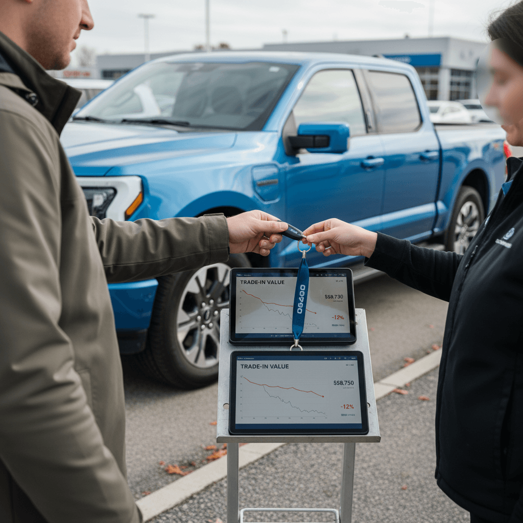 Dealer and owner reviewing battery health data on a tablet during a 2024 Ford F-150 Lightning trade-in appraisal