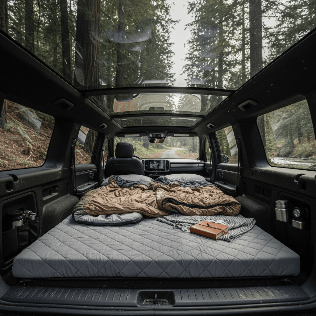 Camping mattress laid out in the rear of a Rivian R1S with the rear seats folded flat