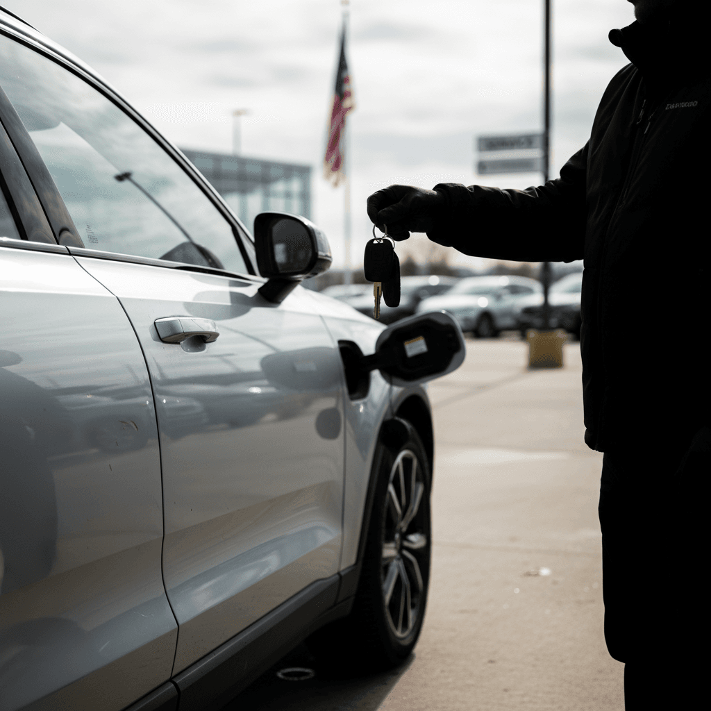 Owner handing keys to a buyer next to a clean used Volvo EX90 at a dealership lot