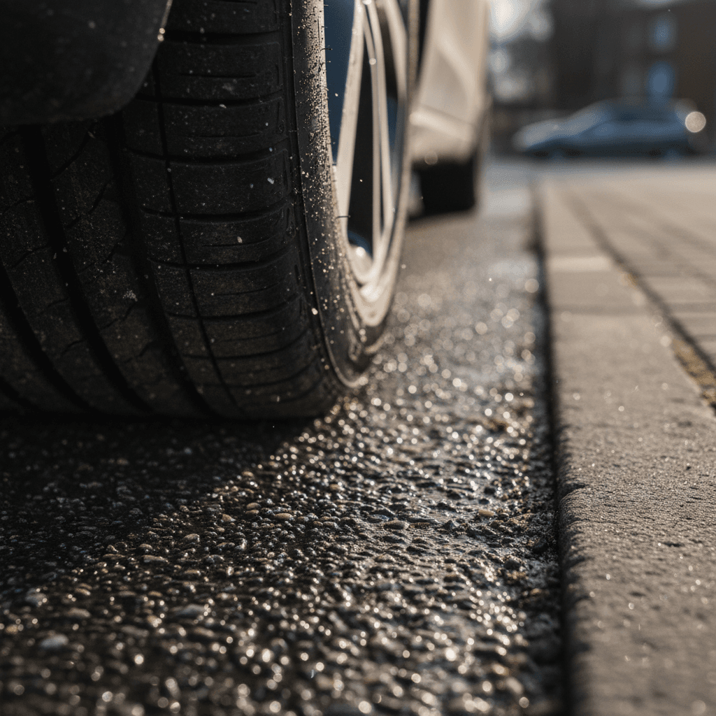 Closeup of a car tire on a wet urban road where tire wear particles can be washed into drains.