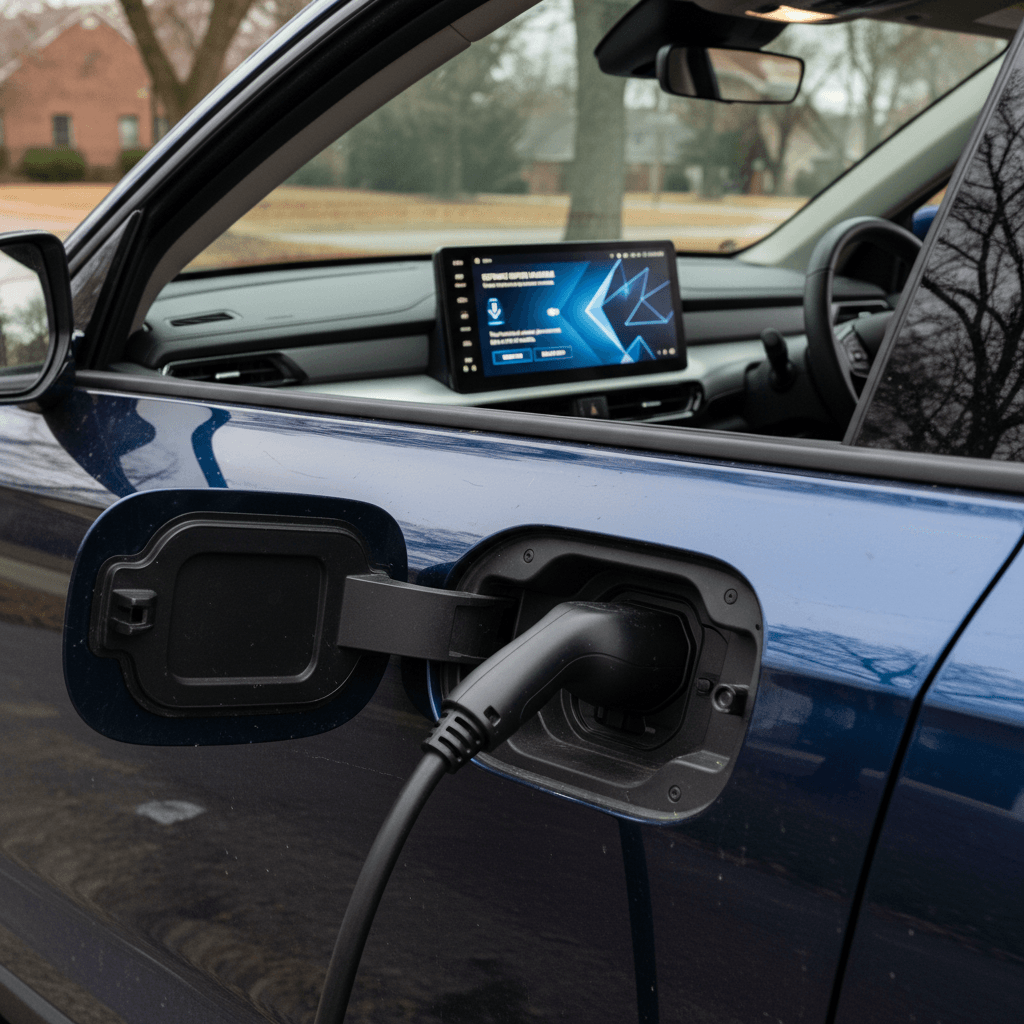 2025 Honda Prologue plugged into a Level 2 home charger with infotainment screen showing a charging status message