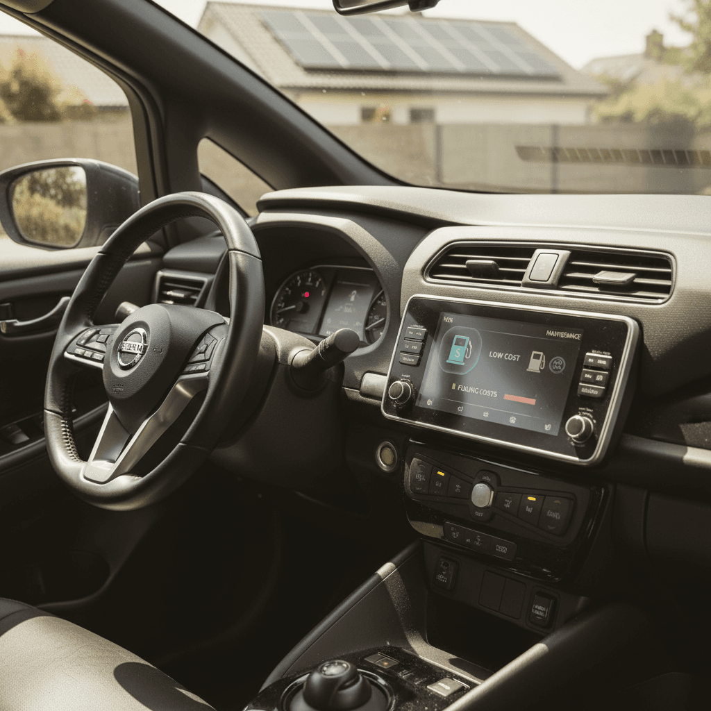 Minimalist electric car interior with digital dashboard showing battery and range