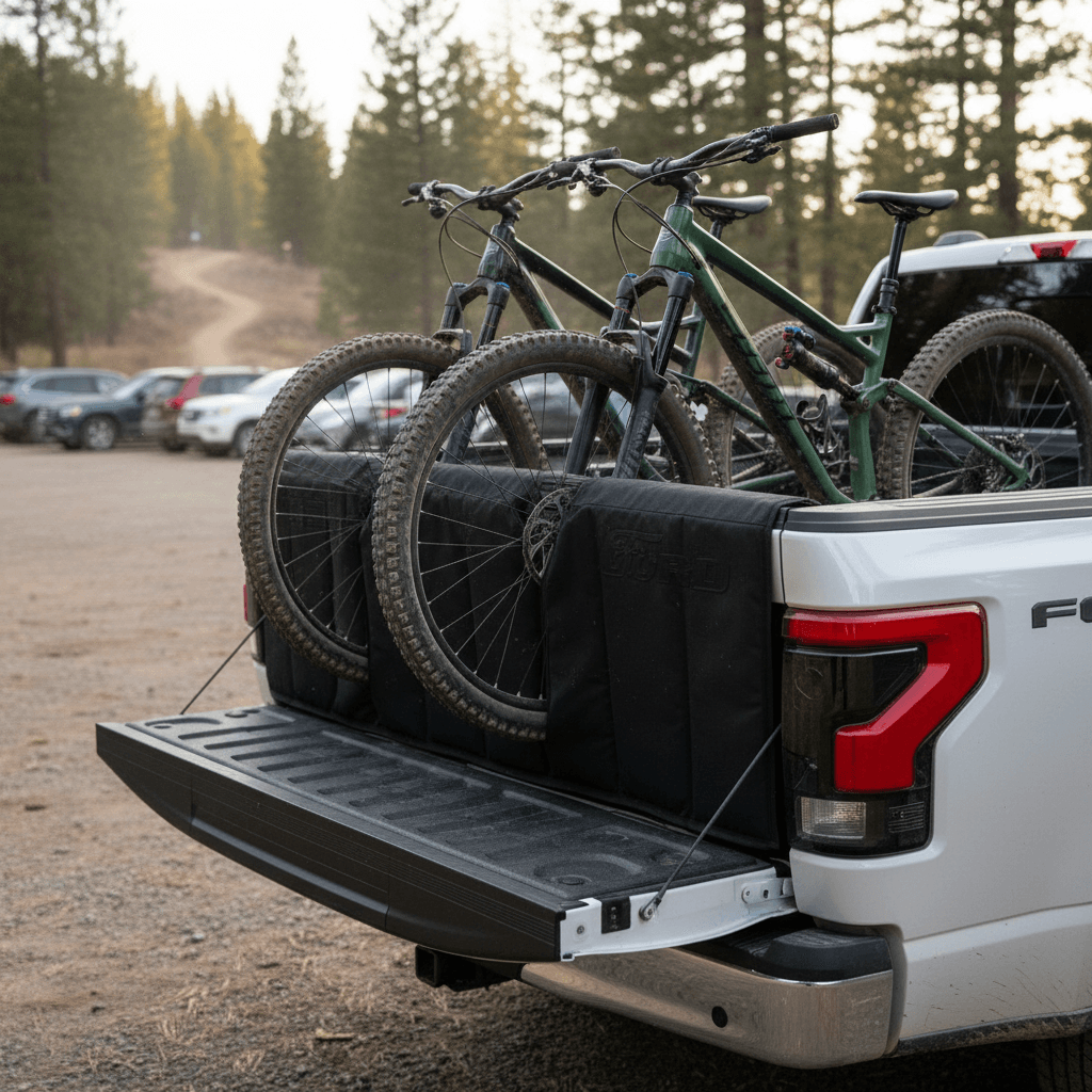 Ford F-150 Lightning at a trailhead with mountain bikes on a hitch-mounted platform rack and tonneau-covered bed