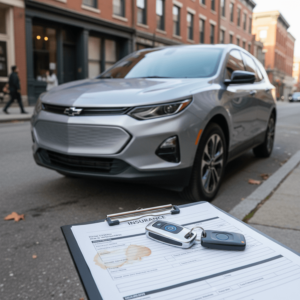 Chevrolet Equinox EV parked on a city street with a driver reviewing insurance documents on a clipboard