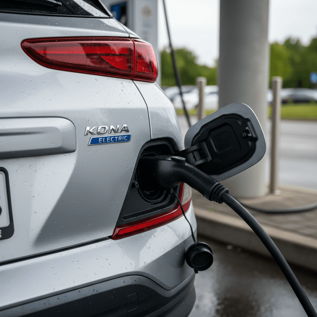Rear three-quarter view of a 2021 Hyundai Kona Electric plugged into a public charger, highlighting the charge port and badging