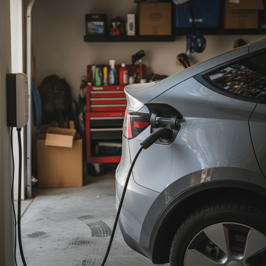 Tesla Model Y plugged into a Level 2 home charger in a typical American garage