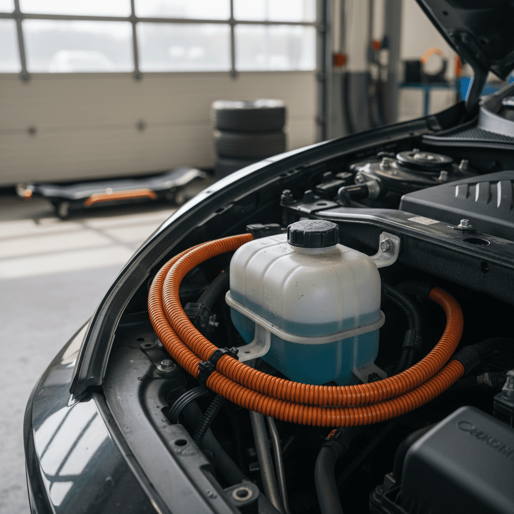Technician working near Kia EV6 coolant reservoir and high‑voltage components in a service bay