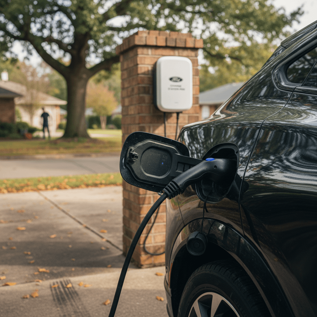Ford Mustang Mach‑E plugged into a home Level 2 wallbox charger in a suburban driveway