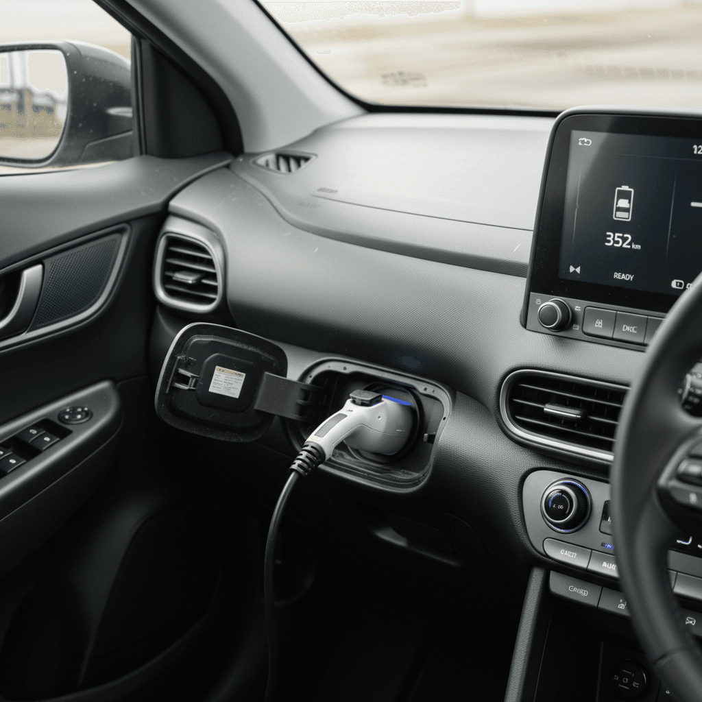 Instrument cluster of a 2021 Hyundai Kona Electric showing state of charge and estimated driving range