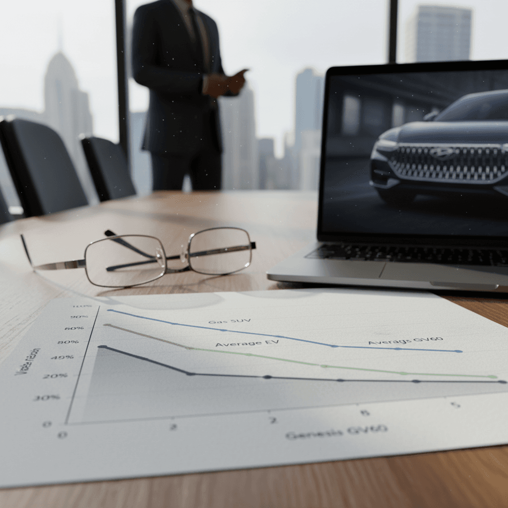 Stylized chart comparing a Genesis GV60 depreciation curve to an average EV and a gas luxury SUV over five years