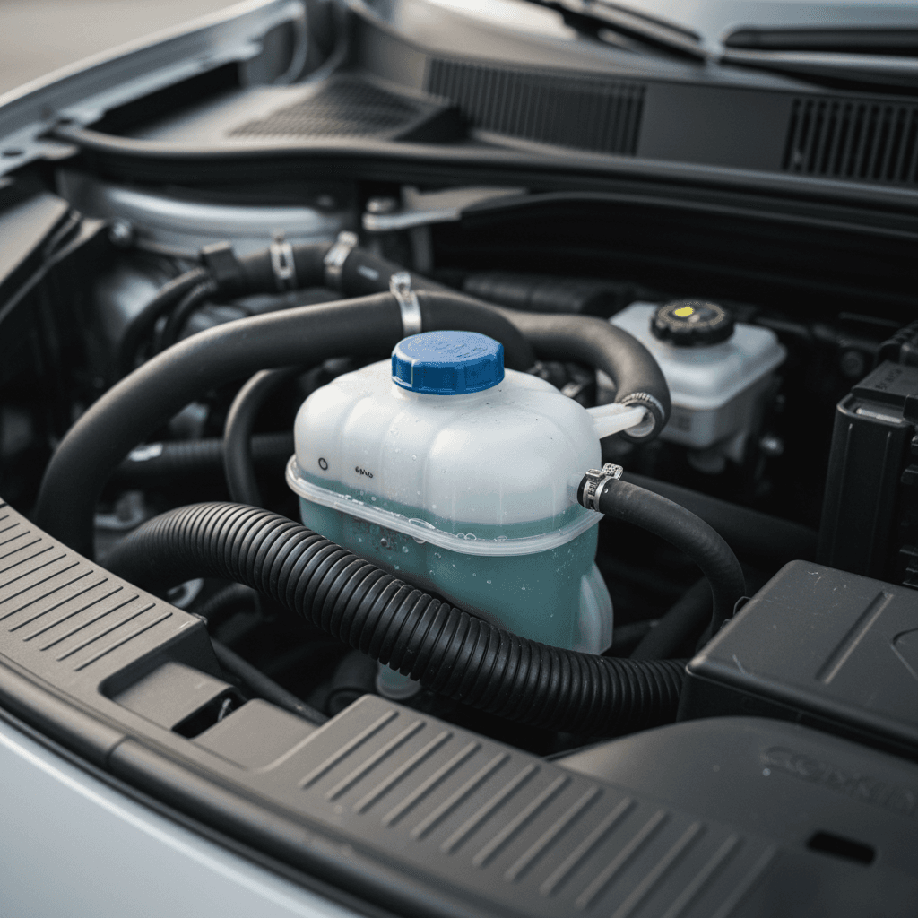 Detail of Volkswagen ID.4 coolant reservoir and hoses in the front compartment, illustrating the EV cooling system layout