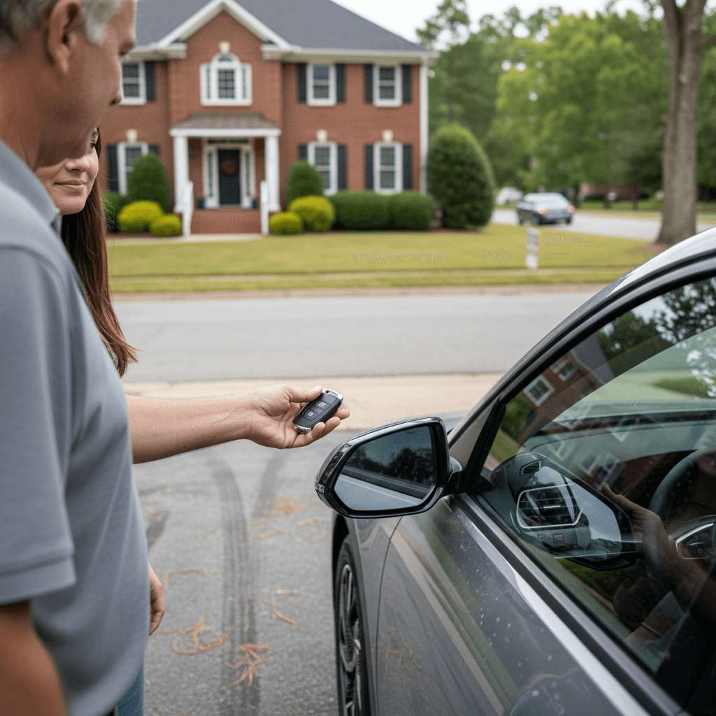 Owner handing keys to a Hyundai Ioniq 5 in a Georgia suburban driveway, vehicle clean and detailed