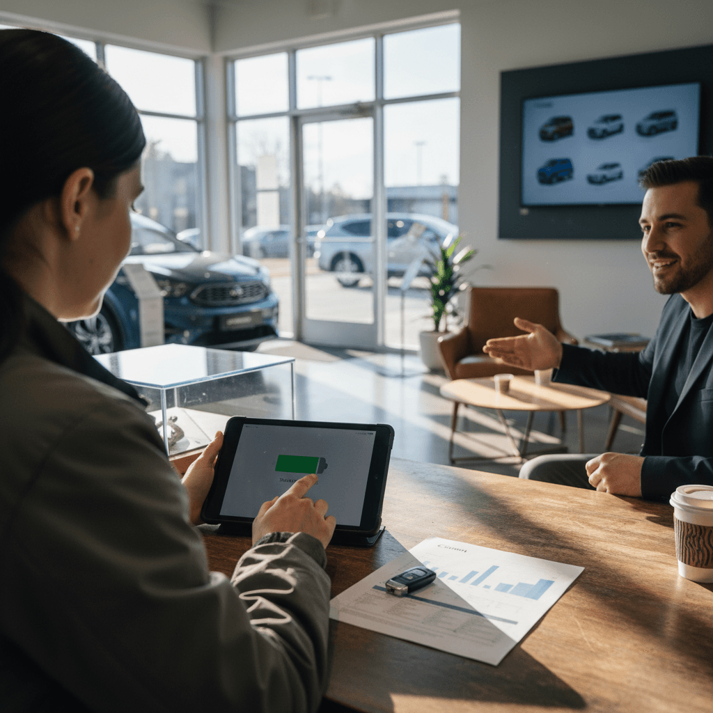 Customer discussing a used electric car purchase with a salesperson at a dealership