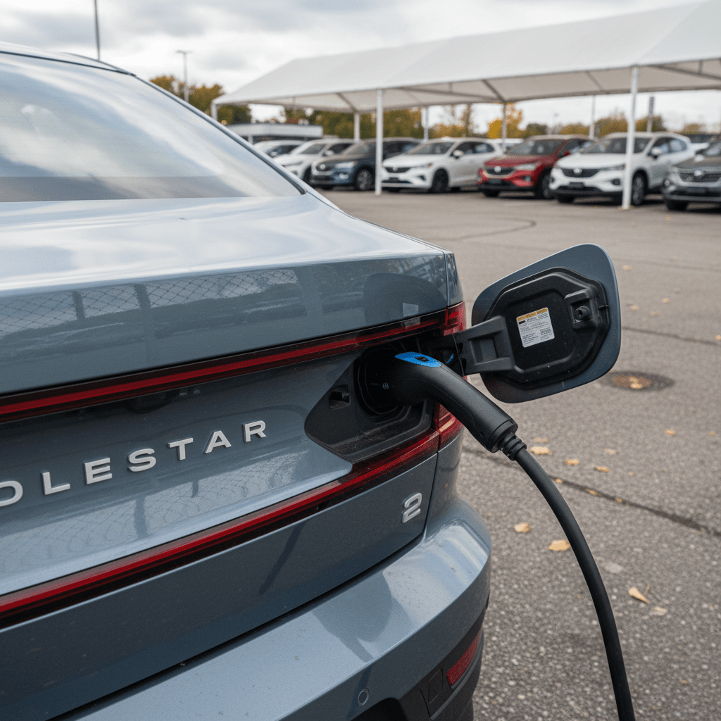 Polestar 2 charging port and rear badging at a used EV dealership lot